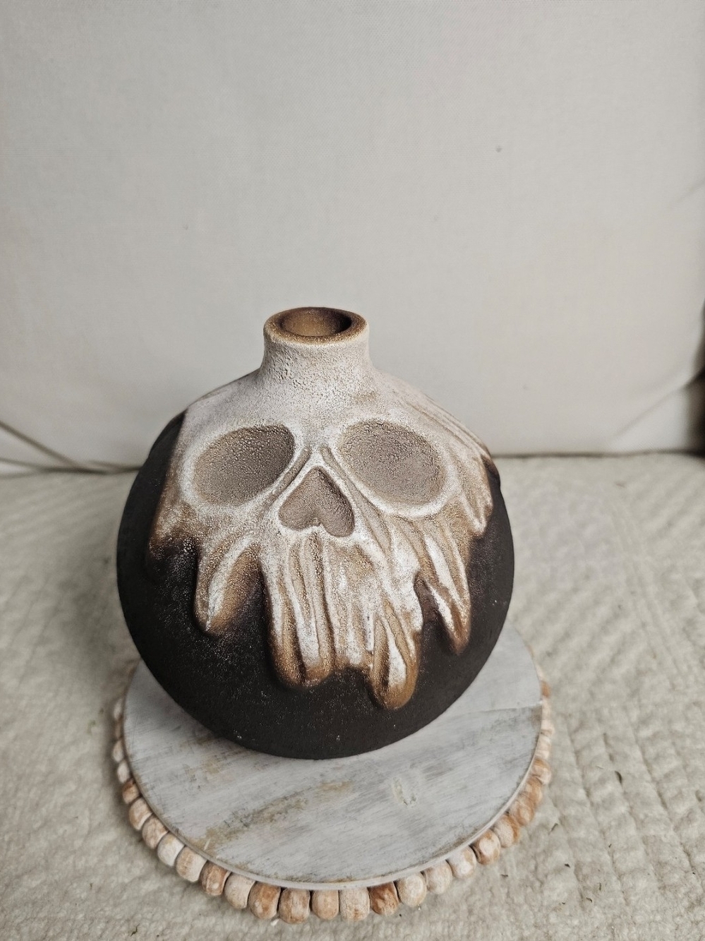 Rustic Skull Ceramic Vase in Black and Cream